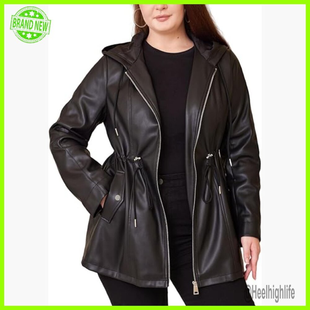 Plus Size Faux Leather Hooded Moto Jacket Long Coat Drawstring Waist